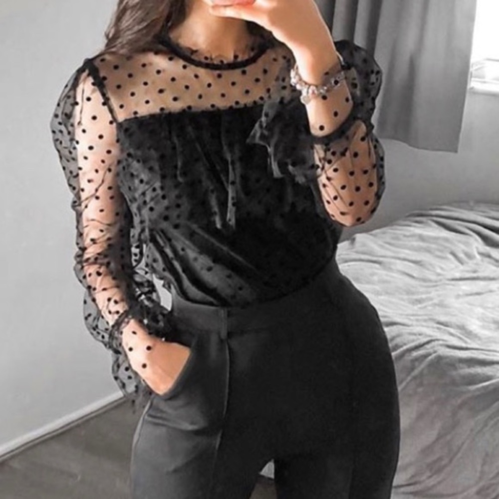 Polka Dot Mesh Frill Detail Top